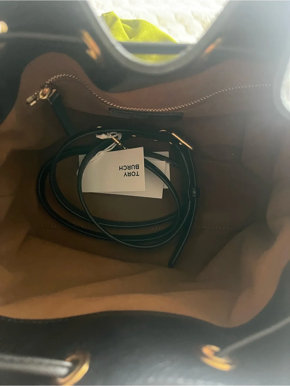 Tory Burch Black Leather Drawstring Bucket Bag with Gold Chain